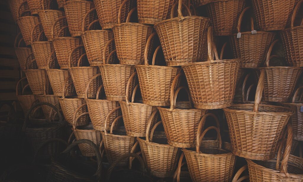 wall of round wicker brown baskets